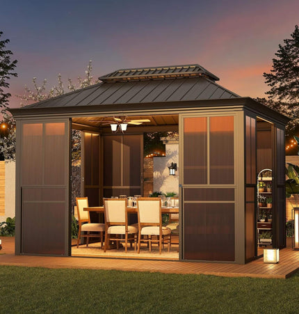 Alora Terrace Fully - Enclosed Outdoor Black Sunroom With Lockable Sliding Doors And Galvanized Double Steel Roof (SAK81634) - Sunrooms | Patioza