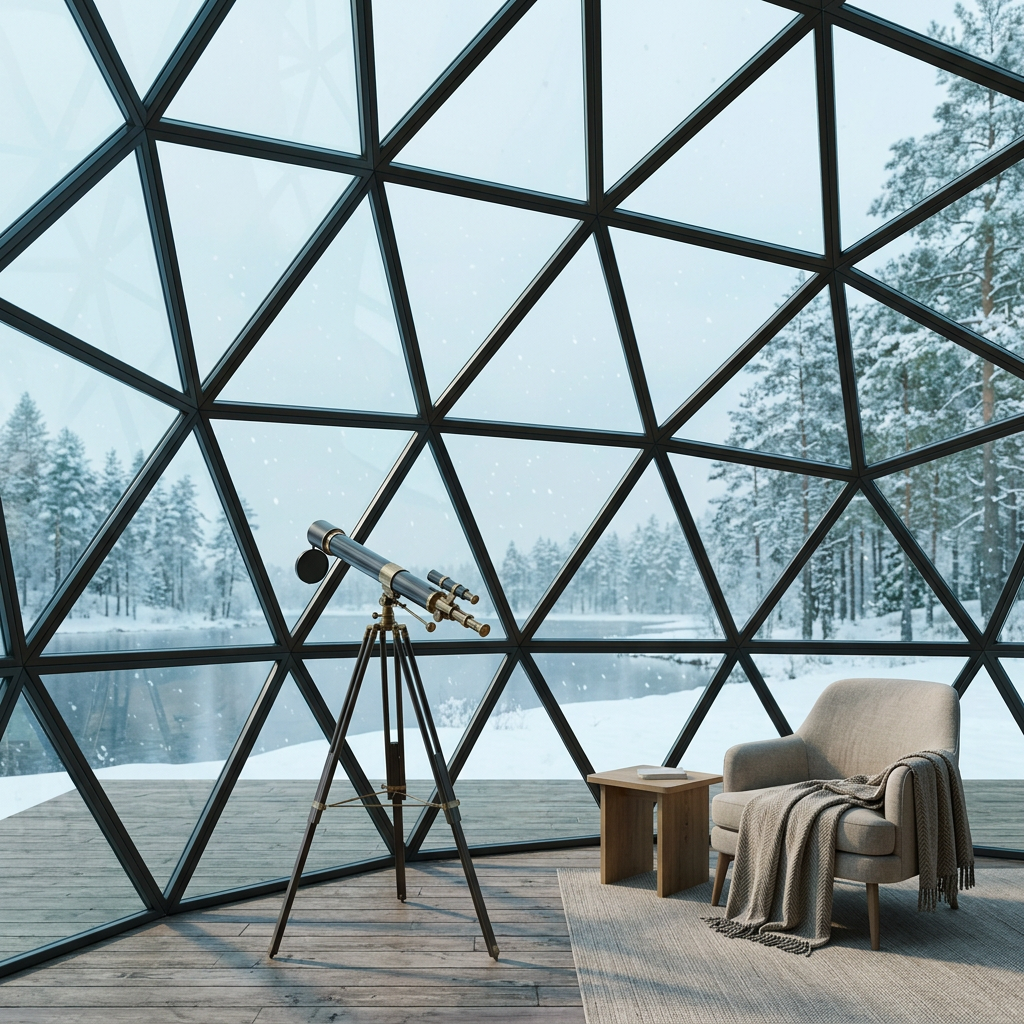 Glass dome interior concept with a telescope overlooking snowy woodland