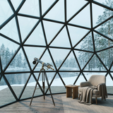 Glass dome interior concept with a telescope overlooking snowy woodland