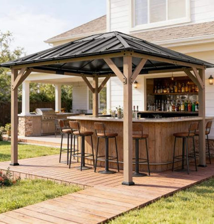 [08X10] Alora Heavy-Duty Fir Wood Hardtop Gazebo With Galvanized Steel Roof And Ceiling Hooks (SAK29467) - Canopies & Gazebos | Patioza