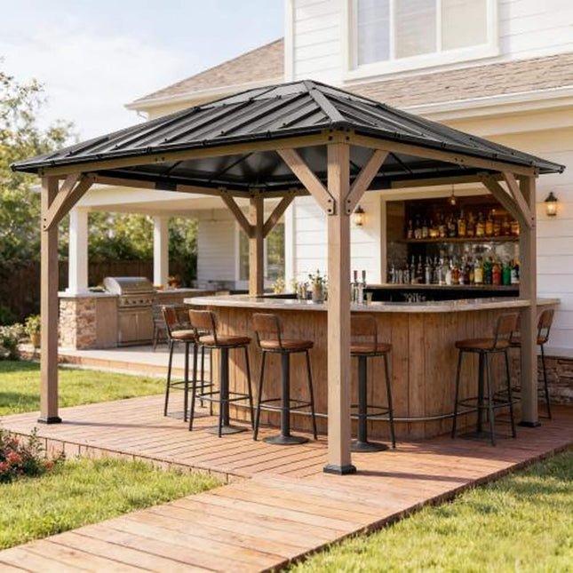 [08X10] Alora Heavy-Duty Fir Wood Hardtop Gazebo With Galvanized Steel Roof And Ceiling Hooks (SAK29467) - Canopies & Gazebos | Patioza