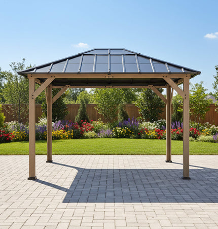 [08X10] Alora Heavy-Duty Fir Wood Hardtop Gazebo With Galvanized Steel Roof And Ceiling Hooks (SAK29467) - Canopies & Gazebos | Patioza