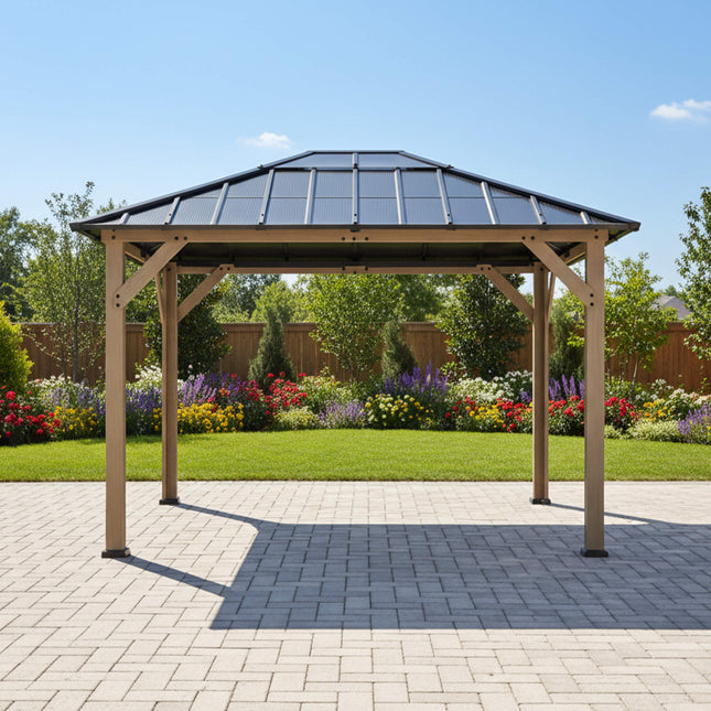 [08X10] Alora Heavy-Duty Fir Wood Hardtop Gazebo With Galvanized Steel Roof And Ceiling Hooks (SAK29467) - Canopies & Gazebos | Patioza