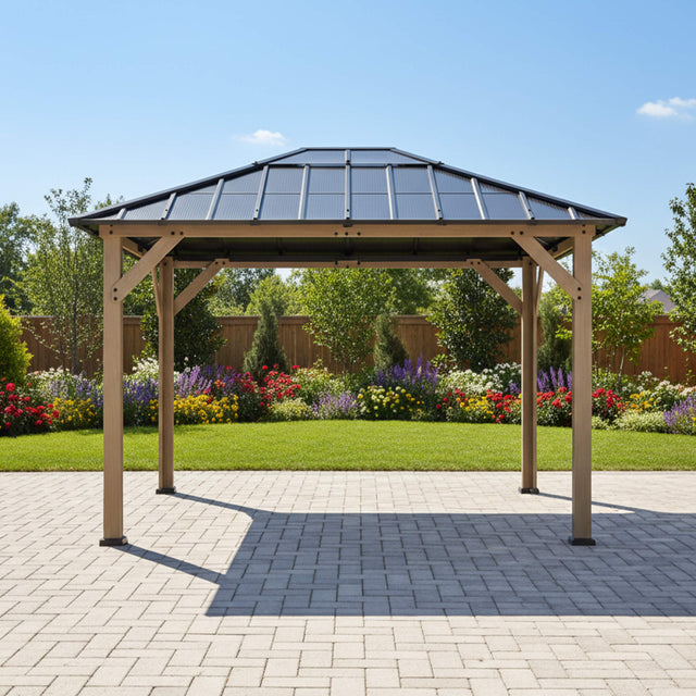 [08X10] Alora Heavy-Duty Fir Wood Hardtop Gazebo With Galvanized Steel Roof And Ceiling Hooks (SAK29467) - Canopies & Gazebos | Patioza
