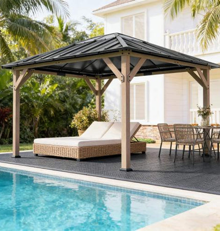 [08X10] Alora Heavy-Duty Fir Wood Hardtop Gazebo With Galvanized Steel Roof And Ceiling Hooks (SAK29467) - Canopies & Gazebos | Patioza