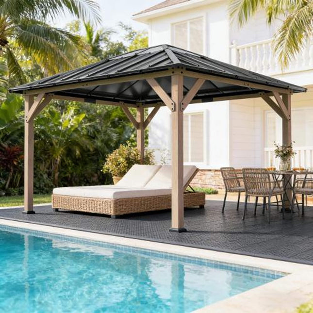 [08X10] Alora Heavy-Duty Fir Wood Hardtop Gazebo With Galvanized Steel Roof And Ceiling Hooks (SAK29467) - Canopies & Gazebos | Patioza