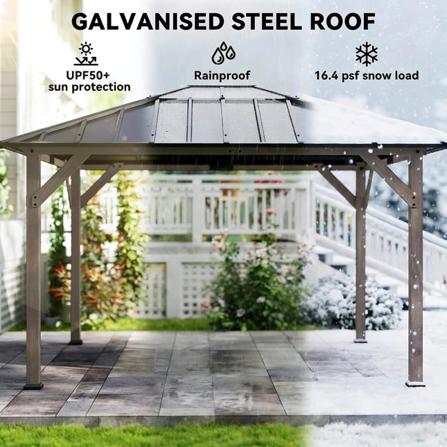 [08X10] Alora Heavy-Duty Fir Wood Hardtop Gazebo With Galvanized Steel Roof And Ceiling Hooks (SAK29467) - Canopies & Gazebos | Patioza