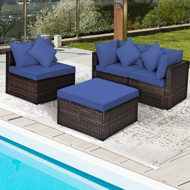 4 Pieces Ottoman Garden Patio Rattan Wicker Furniture Set with Cushion - Navy - Patio Furniture | Patioza