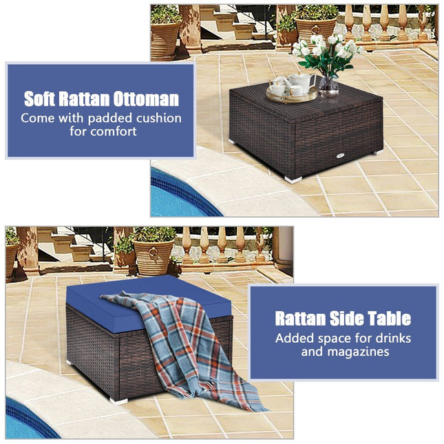 4 Pieces Ottoman Garden Patio Rattan Wicker Furniture Set with Cushion - Navy - Patio Furniture | Patioza