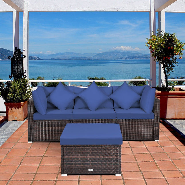 4 Pieces Ottoman Garden Patio Rattan Wicker Furniture Set with Cushion - Navy - Patio Furniture | Patioza