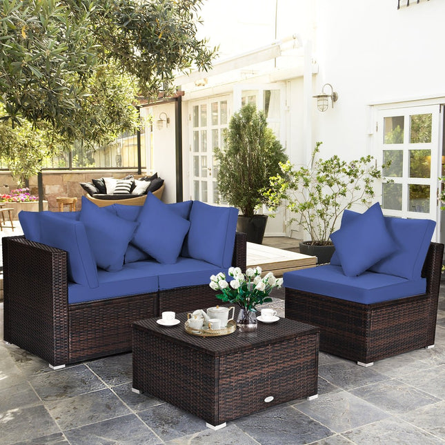 4 Pieces Ottoman Garden Patio Rattan Wicker Furniture Set with Cushion - Navy - Patio Furniture | Patioza