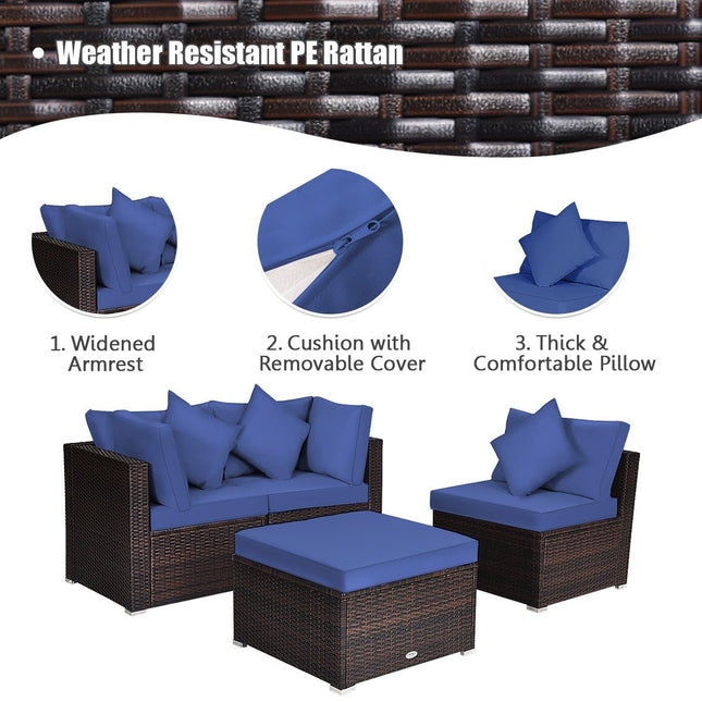 4 Pieces Ottoman Garden Patio Rattan Wicker Furniture Set with Cushion - Navy - Patio Furniture | Patioza