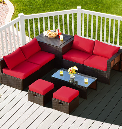 8 Pieces Patio Space - Saving Rattan Furniture Set with Storage Box and Waterproof Cover - Red - Patio Furniture | Patioza