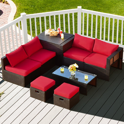 8 Pieces Patio Space - Saving Rattan Furniture Set with Storage Box and Waterproof Cover - Red - Patio Furniture | Patioza