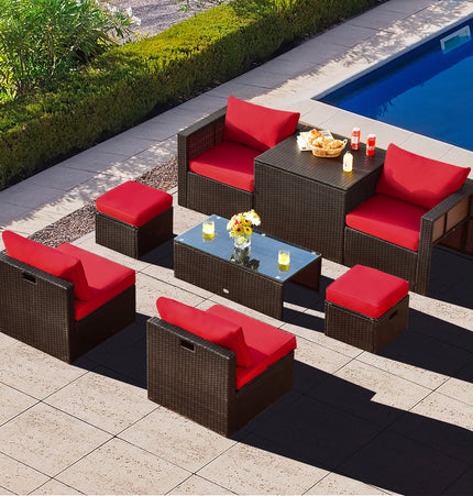 8 Pieces Patio Space - Saving Rattan Furniture Set with Storage Box and Waterproof Cover - Red - Patio Furniture | Patioza