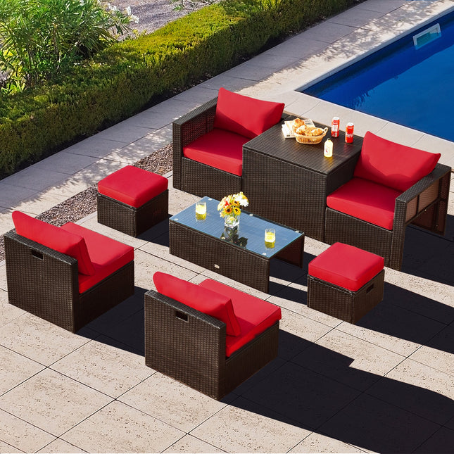 8 Pieces Patio Space - Saving Rattan Furniture Set with Storage Box and Waterproof Cover - Red - Patio Furniture | Patioza