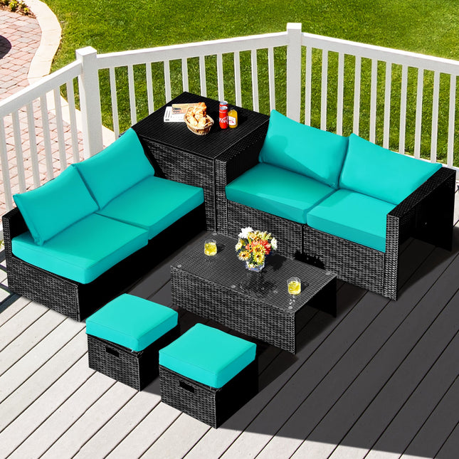 8 Pieces Patio Rattan Storage Table Furniture Set - Turquoise - Patio Furniture | Patioza