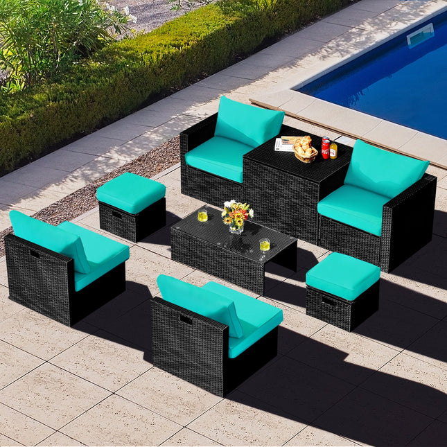 8 Pieces Patio Rattan Storage Table Furniture Set - Turquoise - Patio Furniture | Patioza