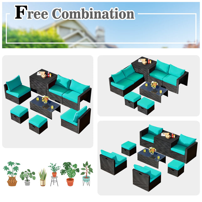 8 Pieces Patio Rattan Storage Table Furniture Set - Turquoise - Patio Furniture | Patioza