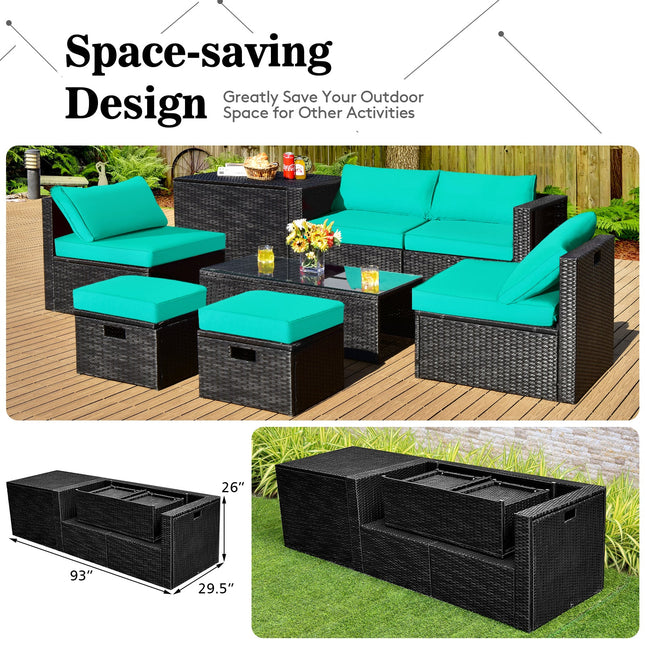 8 Pieces Patio Rattan Storage Table Furniture Set - Turquoise - Patio Furniture | Patioza