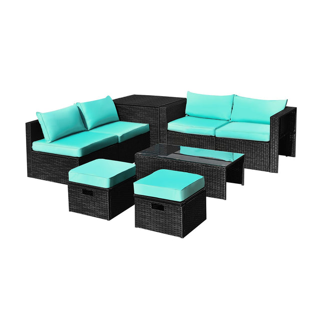 8 Pieces Patio Rattan Storage Table Furniture Set - Turquoise - Patio Furniture | Patioza