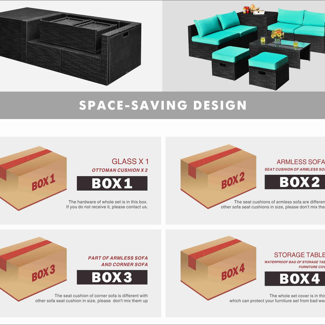 8 Pieces Patio Rattan Storage Table Furniture Set - Turquoise - Patio Furniture | Patioza