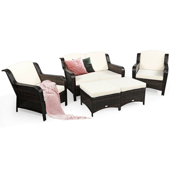 5 Pieces Patio Rattan Sofa Set with Cushion and Ottoman - Off White - Patio Furniture | Patioza