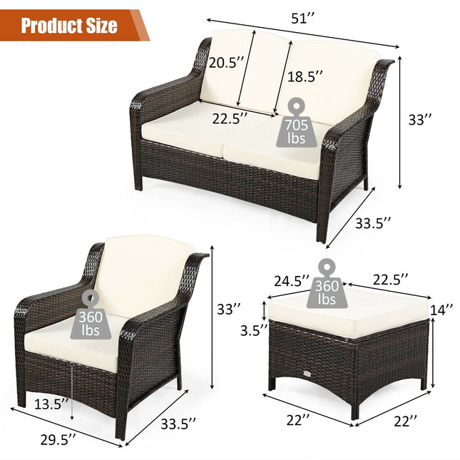 5 Pieces Patio Rattan Sofa Set with Cushion and Ottoman - Off White - Patio Furniture | Patioza