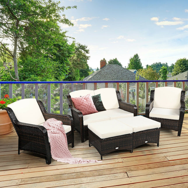 5 Pieces Patio Rattan Sofa Set with Cushion and Ottoman - Off White - Patio Furniture | Patioza
