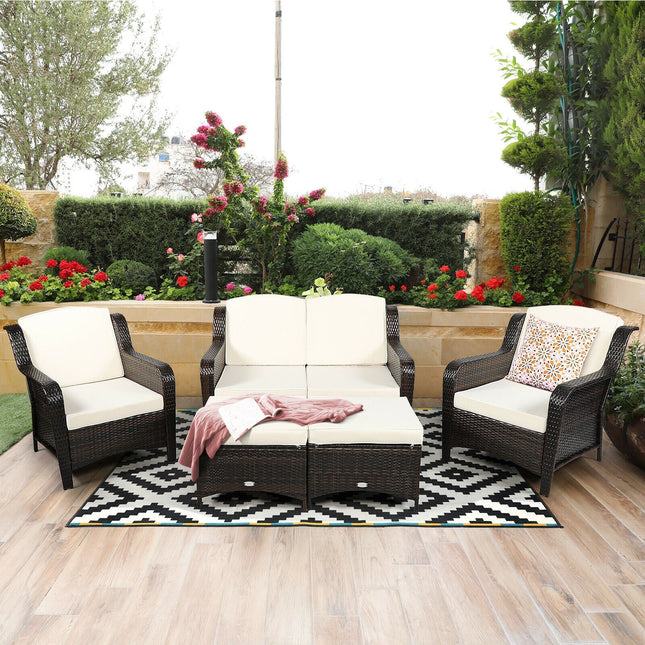 5 Pieces Patio Rattan Sofa Set with Cushion and Ottoman - Off White - Patio Furniture | Patioza