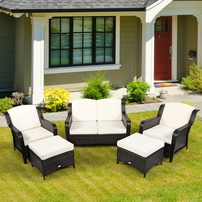 5 Pieces Patio Rattan Sofa Set with Cushion and Ottoman - Off White - Patio Furniture | Patioza