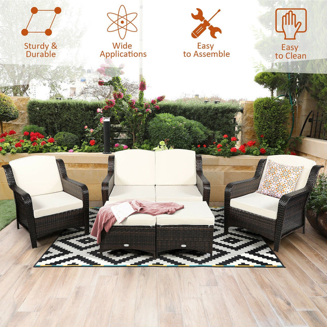 5 Pieces Patio Rattan Sofa Set with Cushion and Ottoman - Off White - Patio Furniture | Patioza