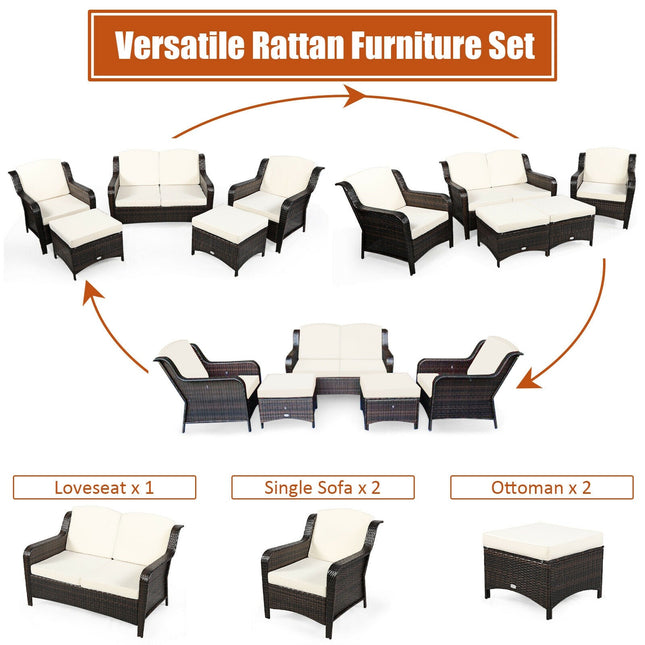 5 Pieces Patio Rattan Sofa Set with Cushion and Ottoman - Off White - Patio Furniture | Patioza