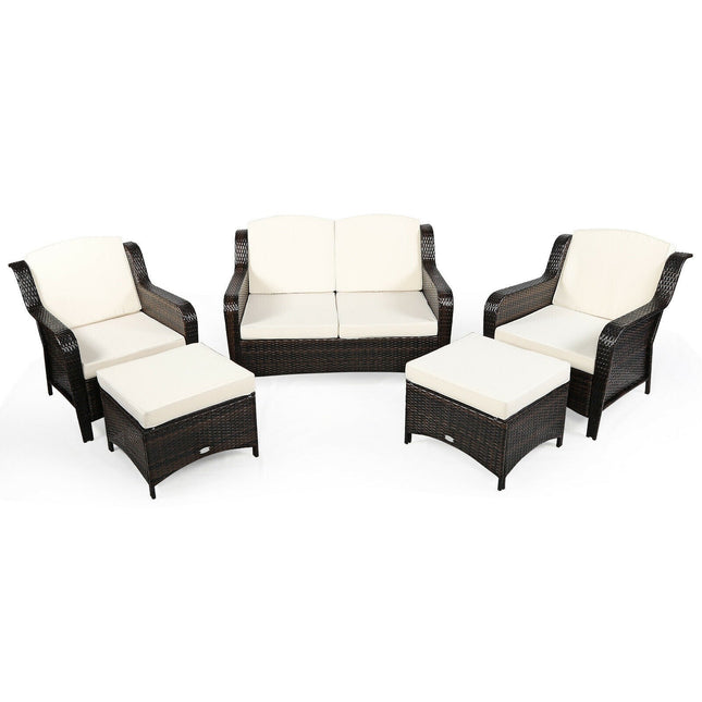 5 Pieces Patio Rattan Sofa Set with Cushion and Ottoman - Off White - Patio Furniture | Patioza