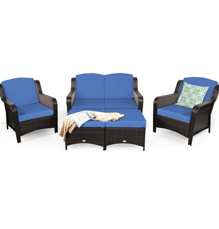 5 Pieces Patio Rattan Sofa Set with Cushion and Ottoman - Navy - Patio Furniture | Patioza