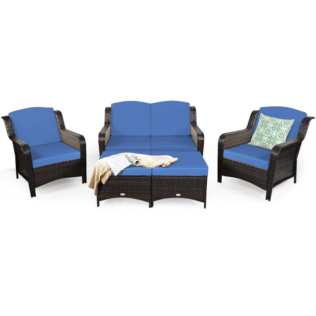 5 Pieces Patio Rattan Sofa Set with Cushion and Ottoman - Navy - Patio Furniture | Patioza