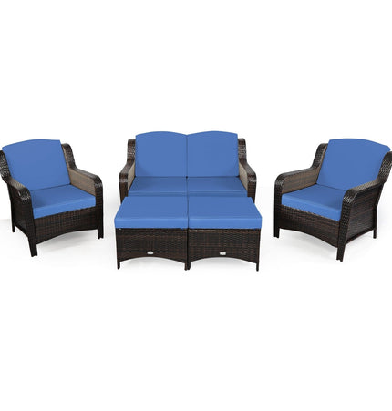 5 Pieces Patio Rattan Sofa Set with Cushion and Ottoman - Navy - Patio Furniture | Patioza