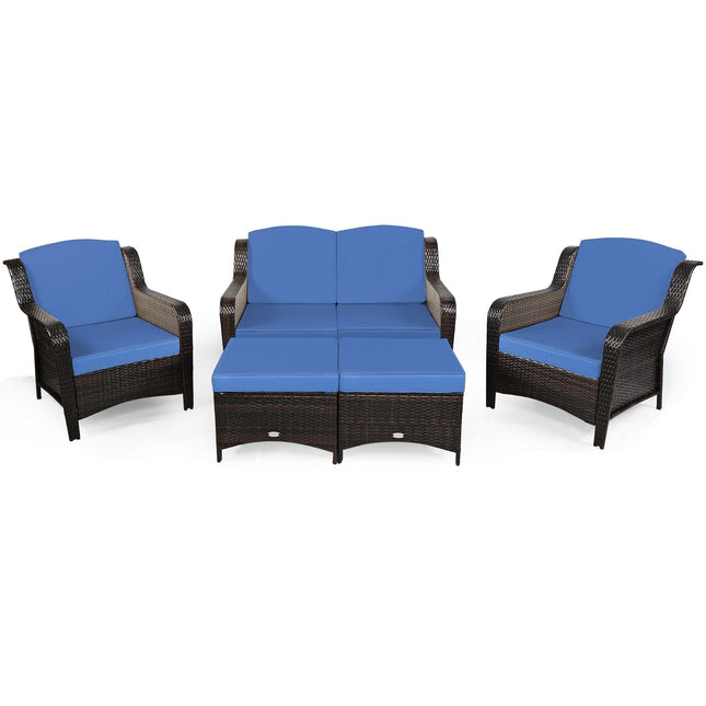 5 Pieces Patio Rattan Sofa Set with Cushion and Ottoman - Navy - Patio Furniture | Patioza