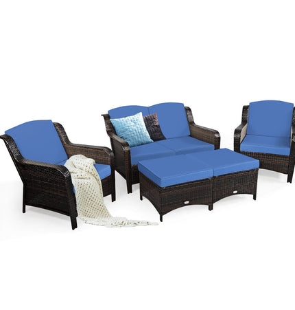 5 Pieces Patio Rattan Sofa Set with Cushion and Ottoman - Navy - Patio Furniture | Patioza