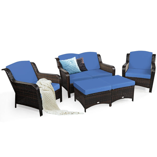 5 Pieces Patio Rattan Sofa Set with Cushion and Ottoman - Navy - Patio Furniture | Patioza