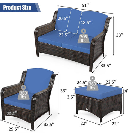 5 Pieces Patio Rattan Sofa Set with Cushion and Ottoman - Navy - Patio Furniture | Patioza