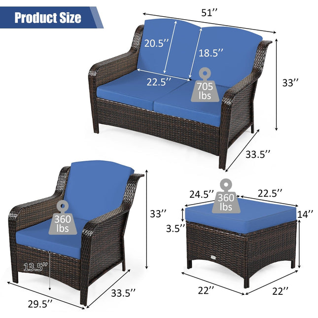 5 Pieces Patio Rattan Sofa Set with Cushion and Ottoman - Navy - Patio Furniture | Patioza