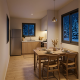 Kitchen and dining area on a snowy night