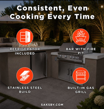 KoKoMo Grills Baja 9 Ft. BBQ Island with LEDs, Built-In Grill, Fire Burner, and Refrigerator [Made-To-Order]
