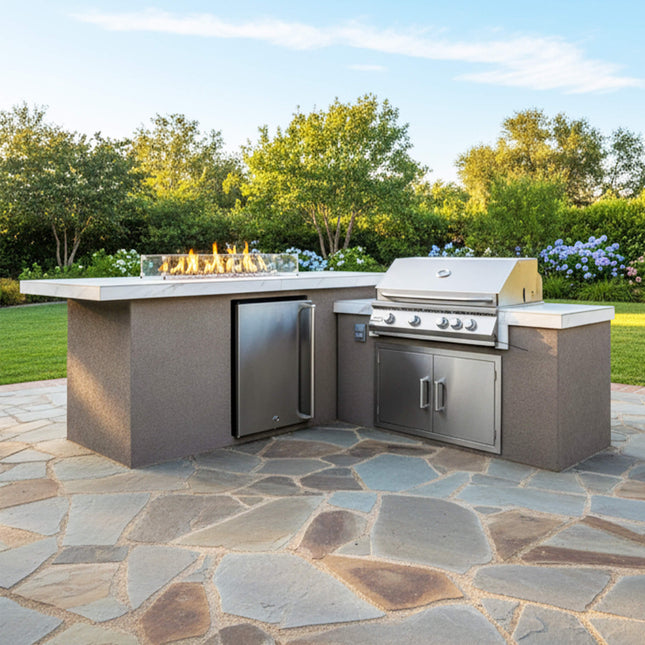 KoKoMo Grills Baja 9 Ft. BBQ Island with LEDs, Built-In Grill, Fire Burner, and Refrigerator [Made-To-Order]