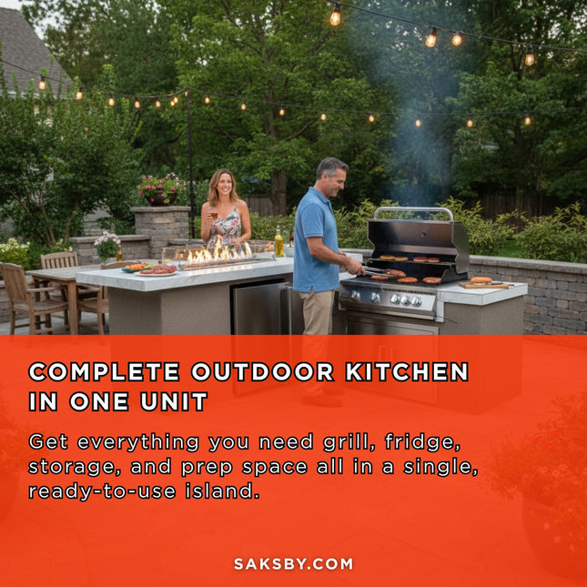 KoKoMo Grills Baja 9 Ft. BBQ Island with LEDs, Built-In Grill, Fire Burner, and Refrigerator [Made-To-Order]