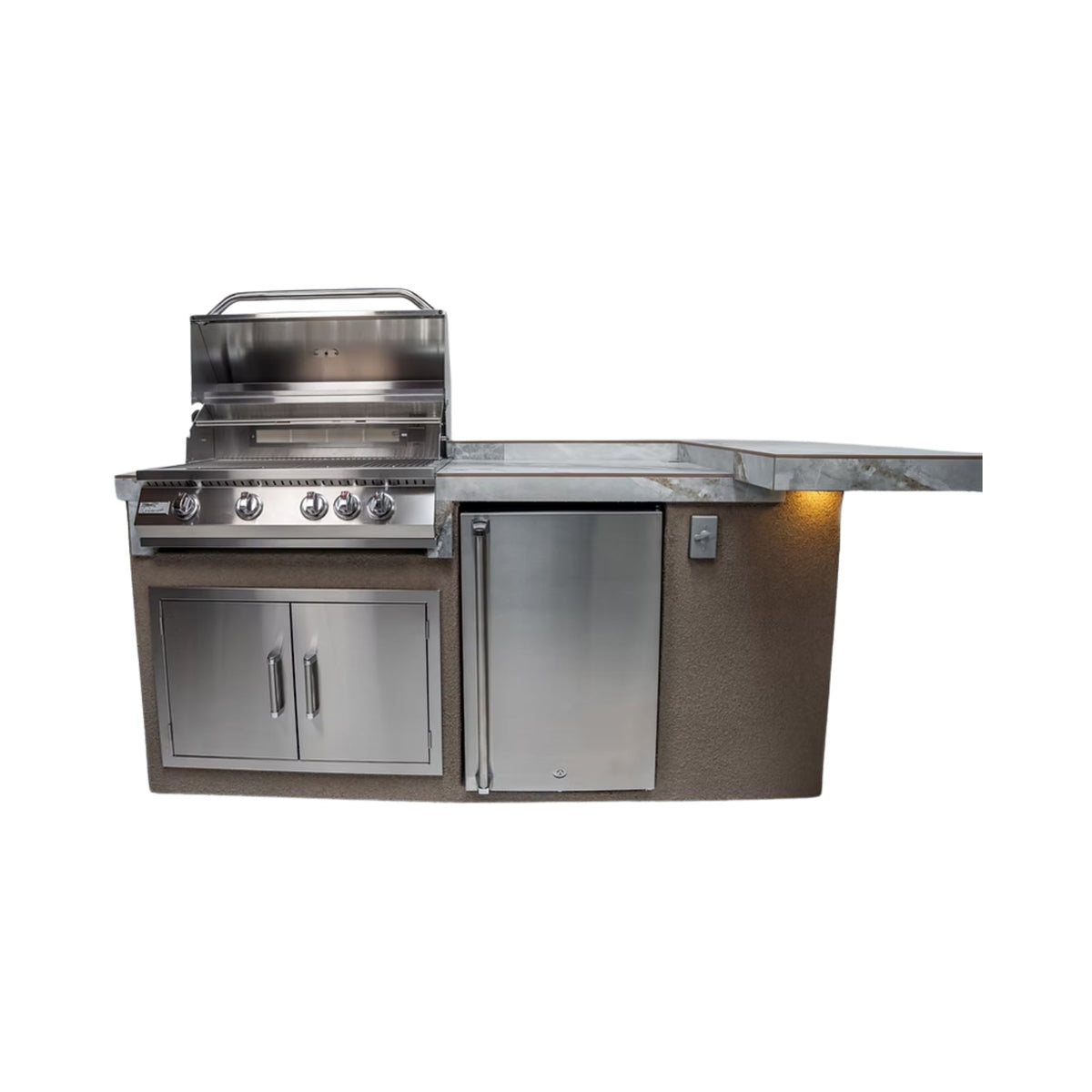 KoKoMo Grills St. John 7 Ft. BBQ Island with LEDs, Built-In Grill, Refrigerator, and Electrical Outlet [Made-To-Order] - Outdoor Kitchen Islands | Patioza