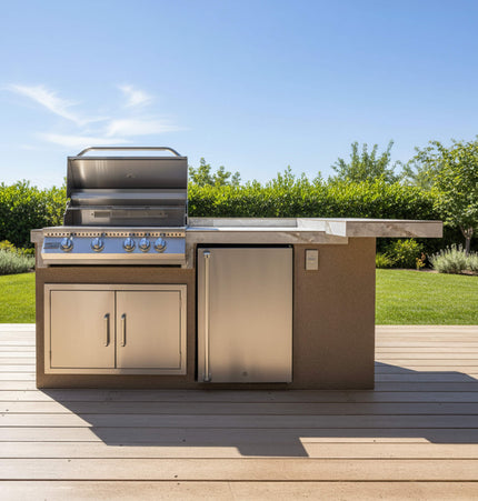 KoKoMo Grills St. John 7 Ft. BBQ Island with LEDs, Built-In Grill, Refrigerator, and Electrical Outlet [Made-To-Order]