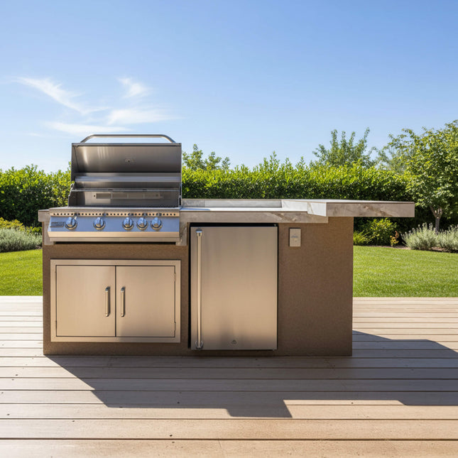 KoKoMo Grills St. John 7 Ft. BBQ Island with LEDs, Built-In Grill, Refrigerator, and Electrical Outlet [Made-To-Order]