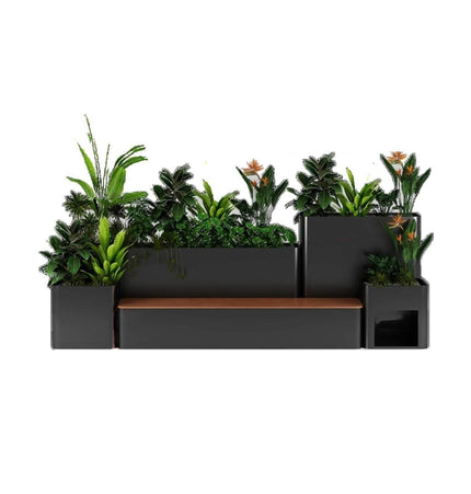 10 Ft. Large Industrial Outdoor Flowerbox Bench with Metal Planter and Hardwood Seat [Made-To-Order] - Potting Benches & Tables | Patioza
